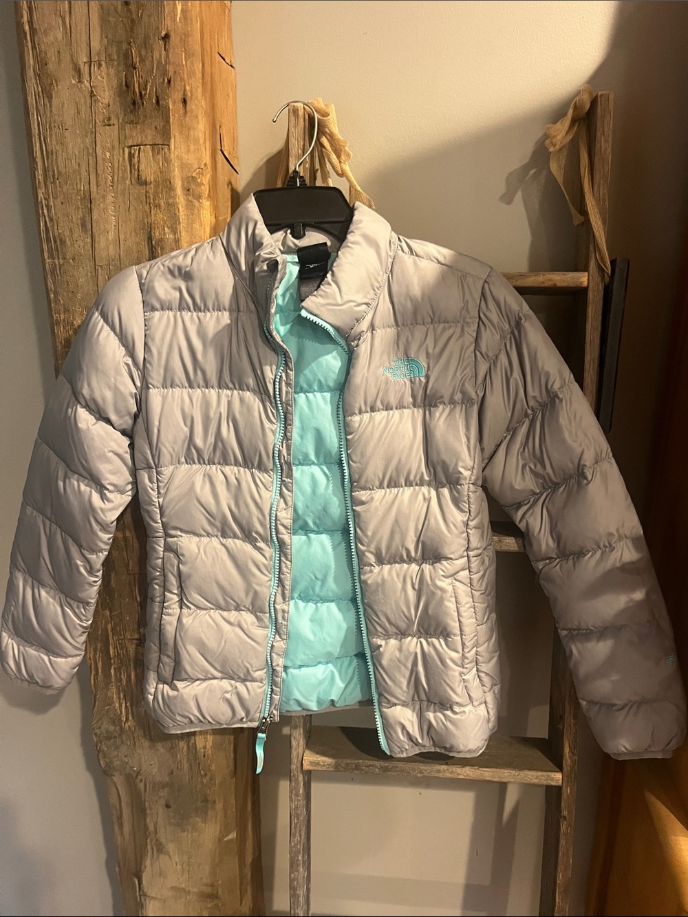 The North Face Kids Light Gray Puffer Jacket with Aqua Lining